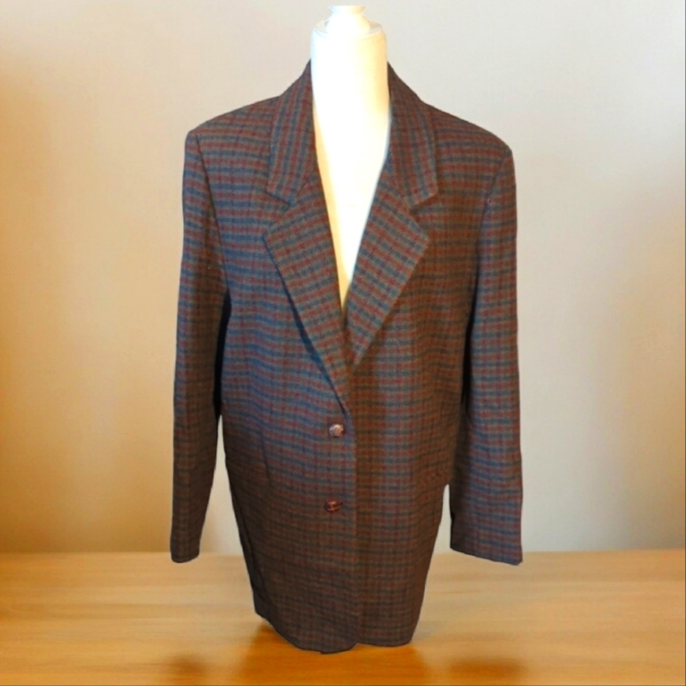 Eddie Bauer vtg long brown menswear check academia wool blazer Sz M